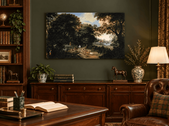 Hand-painted Woodland Carriage Path at Dusk landscape oil painting displayed as wall art in a styled interior