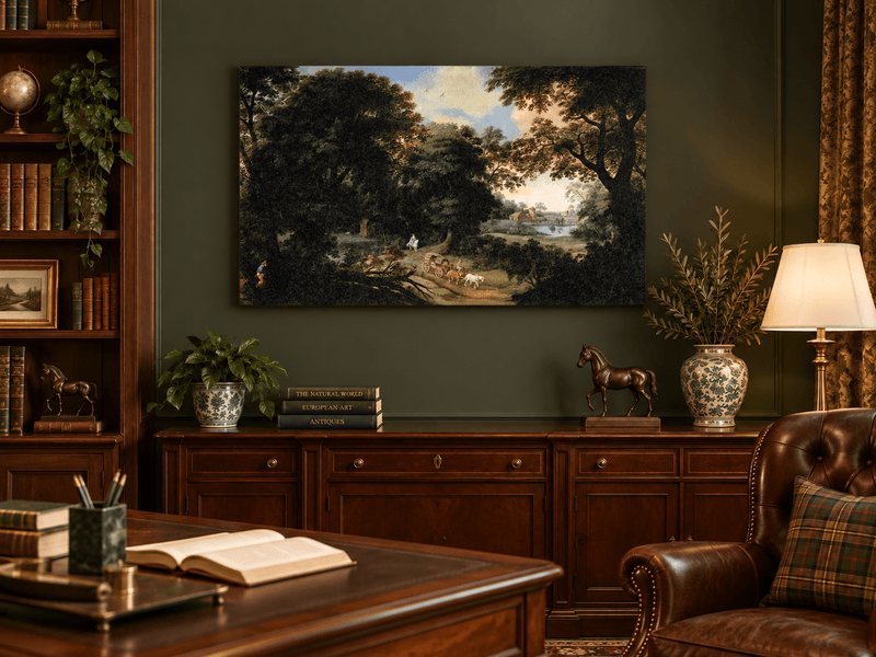 Hand-painted Woodland Carriage Path at Dusk landscape oil painting displayed as wall art in a styled interior
