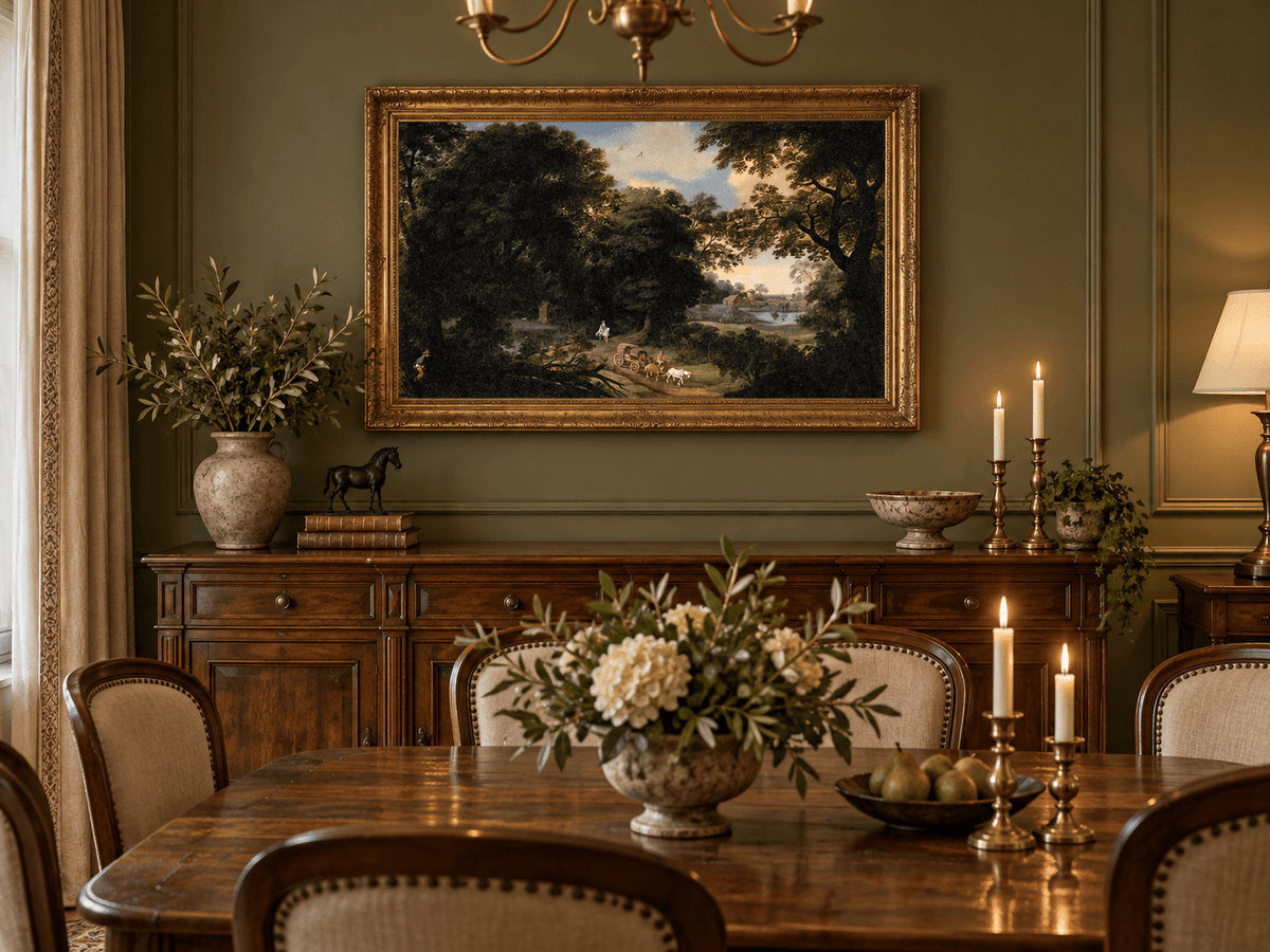 Hand-painted Woodland Carriage Path at Dusk landscape oil painting displayed as wall art in a styled interior