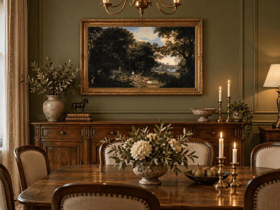 Hand-painted Woodland Carriage Path at Dusk landscape oil painting displayed as wall art in a styled interior