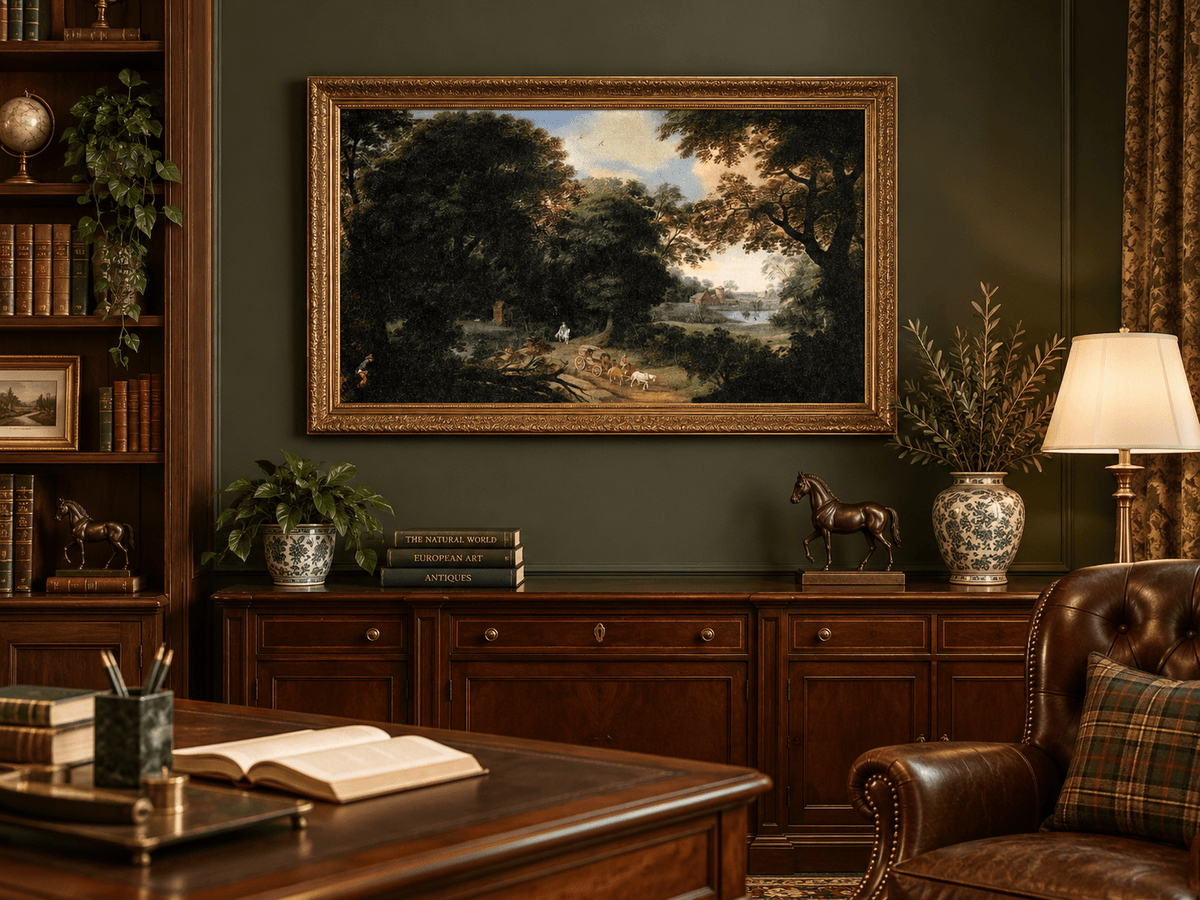 Hand-painted Woodland Carriage Path at Dusk landscape oil painting displayed as wall art in a styled interior