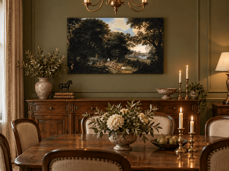 Hand-painted Woodland Carriage Path at Dusk landscape oil painting displayed as wall art in a styled interior