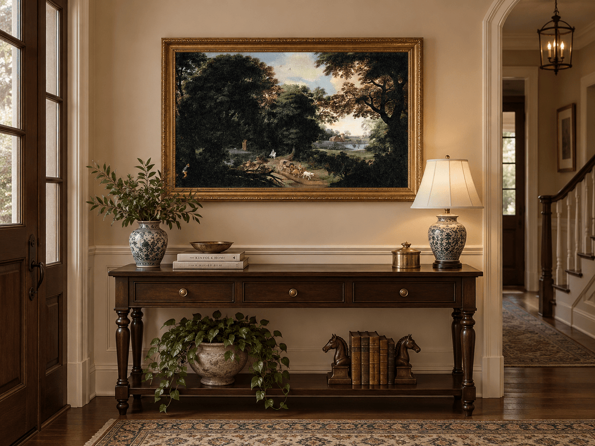 Hand-painted Woodland Carriage Path at Dusk landscape oil painting displayed as wall art in a styled interior