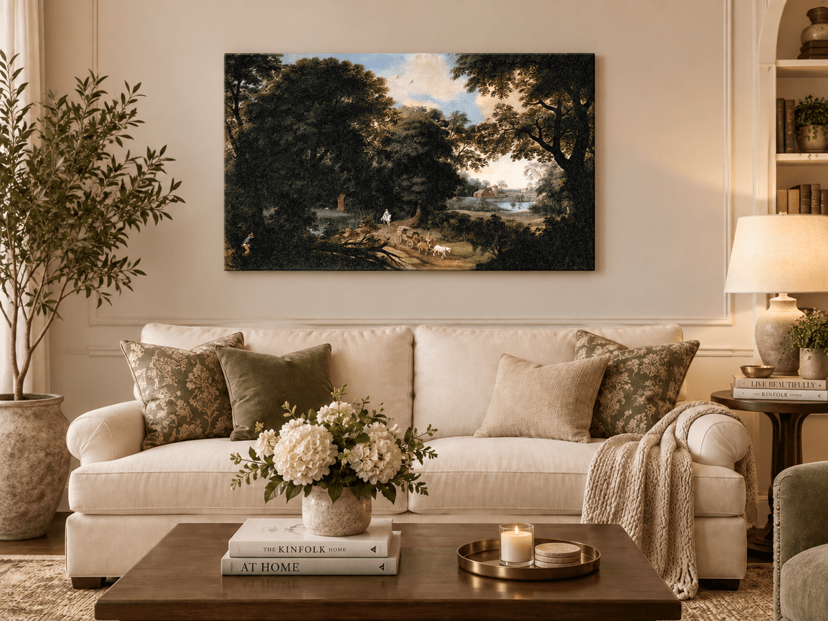 Hand-painted Woodland Carriage Path at Dusk landscape oil painting displayed as wall art in a styled interior