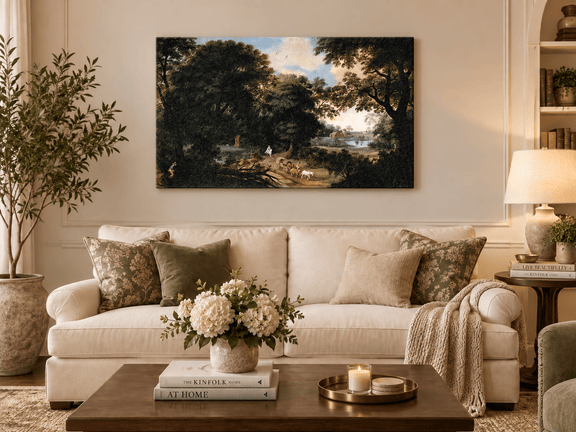 Hand-painted Woodland Carriage Path at Dusk landscape oil painting displayed as wall art in a styled interior