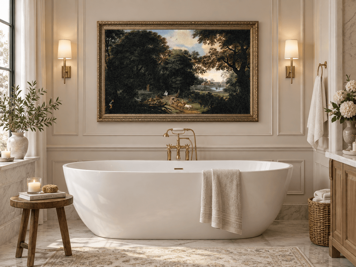 Hand-painted Woodland Carriage Path at Dusk landscape oil painting displayed as wall art in a styled interior