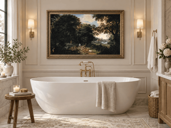 Hand-painted Woodland Carriage Path at Dusk landscape oil painting displayed as wall art in a styled interior