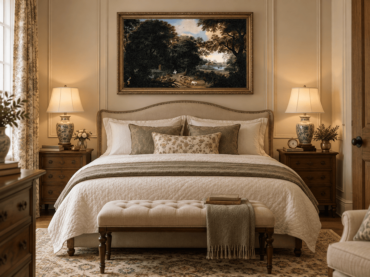 Hand-painted Woodland Carriage Path at Dusk landscape oil painting displayed as wall art in a styled interior