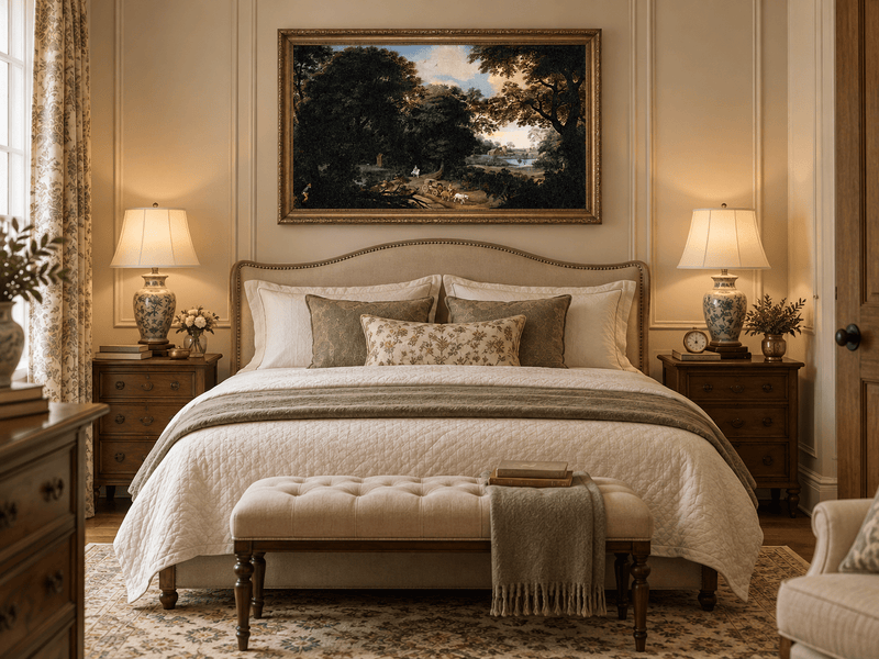 Hand-painted Woodland Carriage Path at Dusk landscape oil painting displayed as wall art in a styled interior