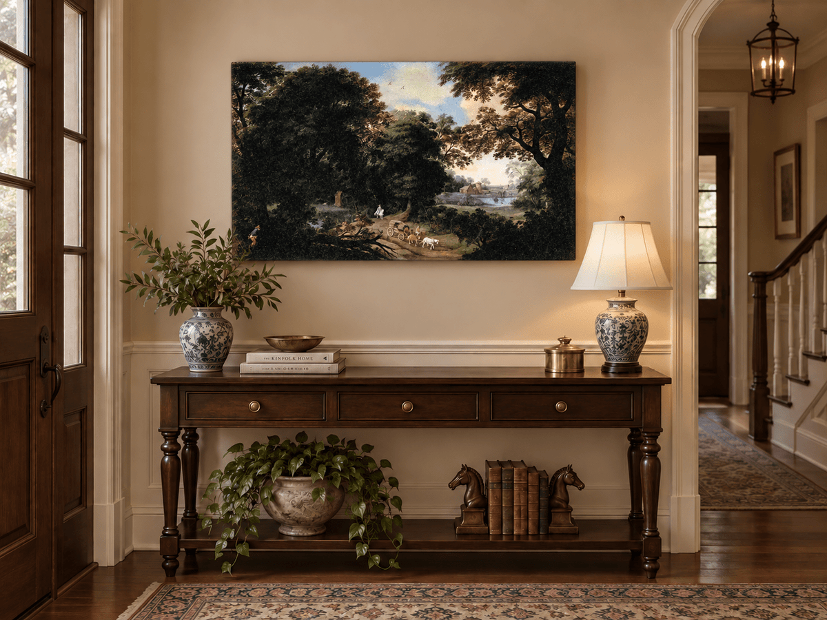 Hand-painted Woodland Carriage Path at Dusk landscape oil painting displayed as wall art in a styled interior