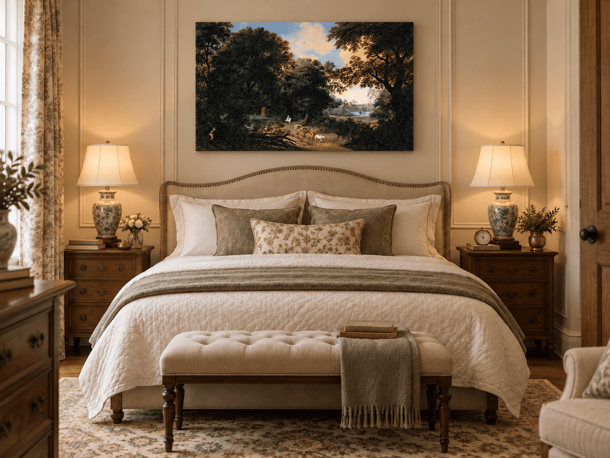 Hand-painted Woodland Carriage Path at Dusk landscape oil painting displayed as wall art in a styled interior