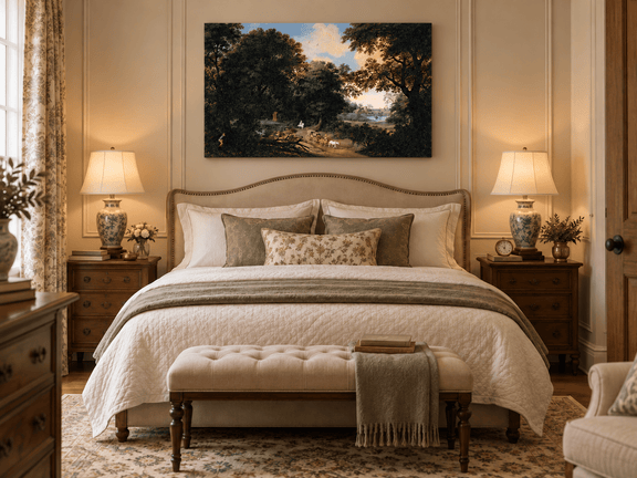 Hand-painted Woodland Carriage Path at Dusk landscape oil painting displayed as wall art in a styled interior