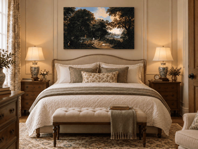 Hand-painted Woodland Carriage Path at Dusk landscape oil painting displayed as wall art in a styled interior