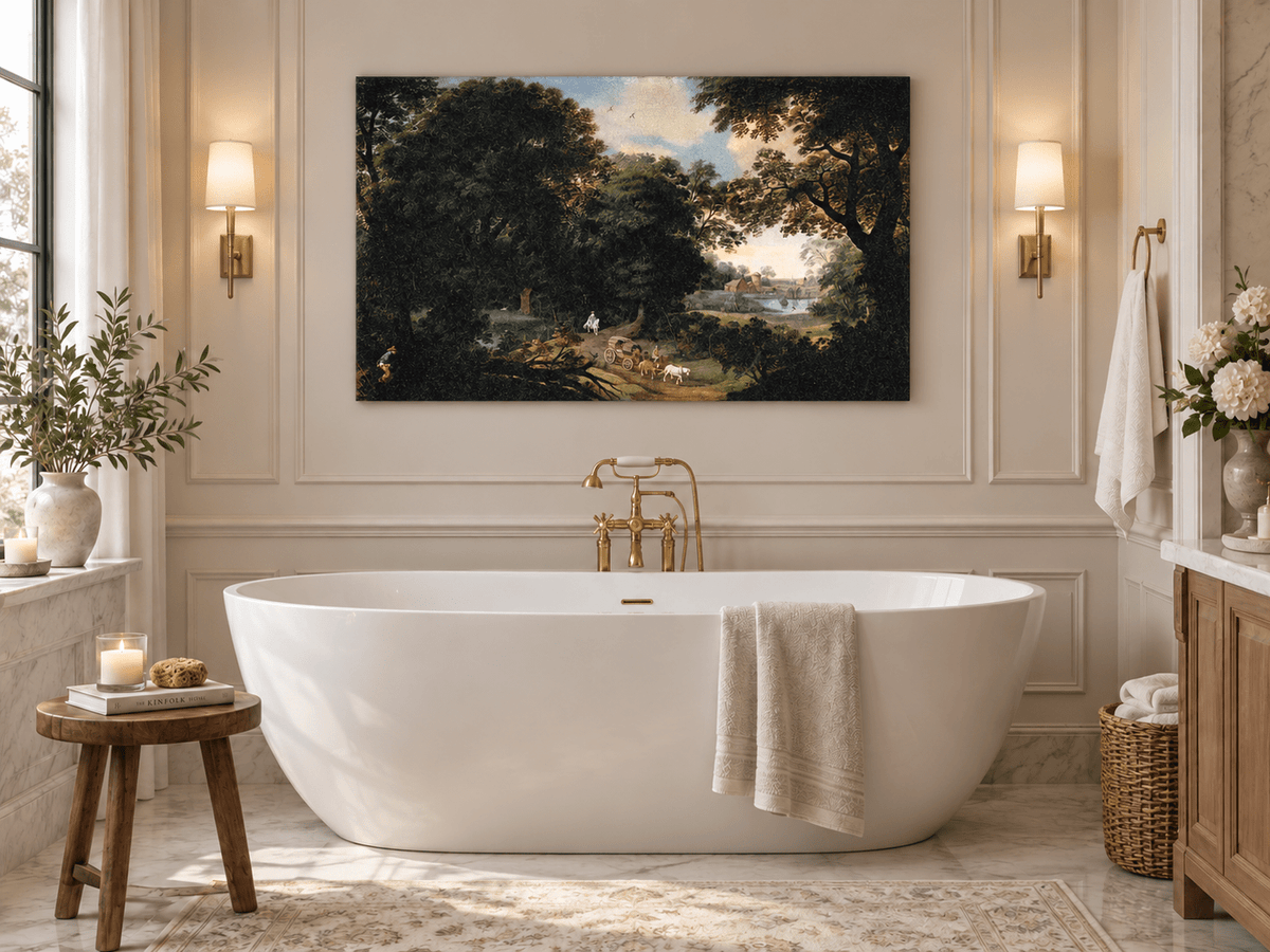 Hand-painted Woodland Carriage Path at Dusk landscape oil painting displayed as wall art in a styled interior