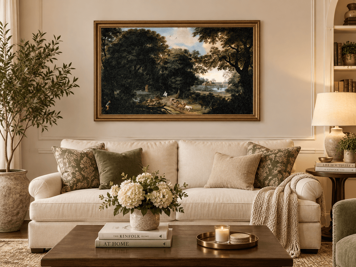 Hand-painted Woodland Carriage Path at Dusk landscape oil painting displayed as wall art in a styled interior