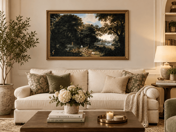 Hand-painted Woodland Carriage Path at Dusk landscape oil painting displayed as wall art in a styled interior