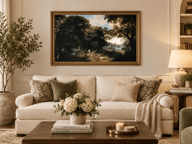 Hand-painted Woodland Carriage Path at Dusk landscape oil painting displayed as wall art in a styled interior