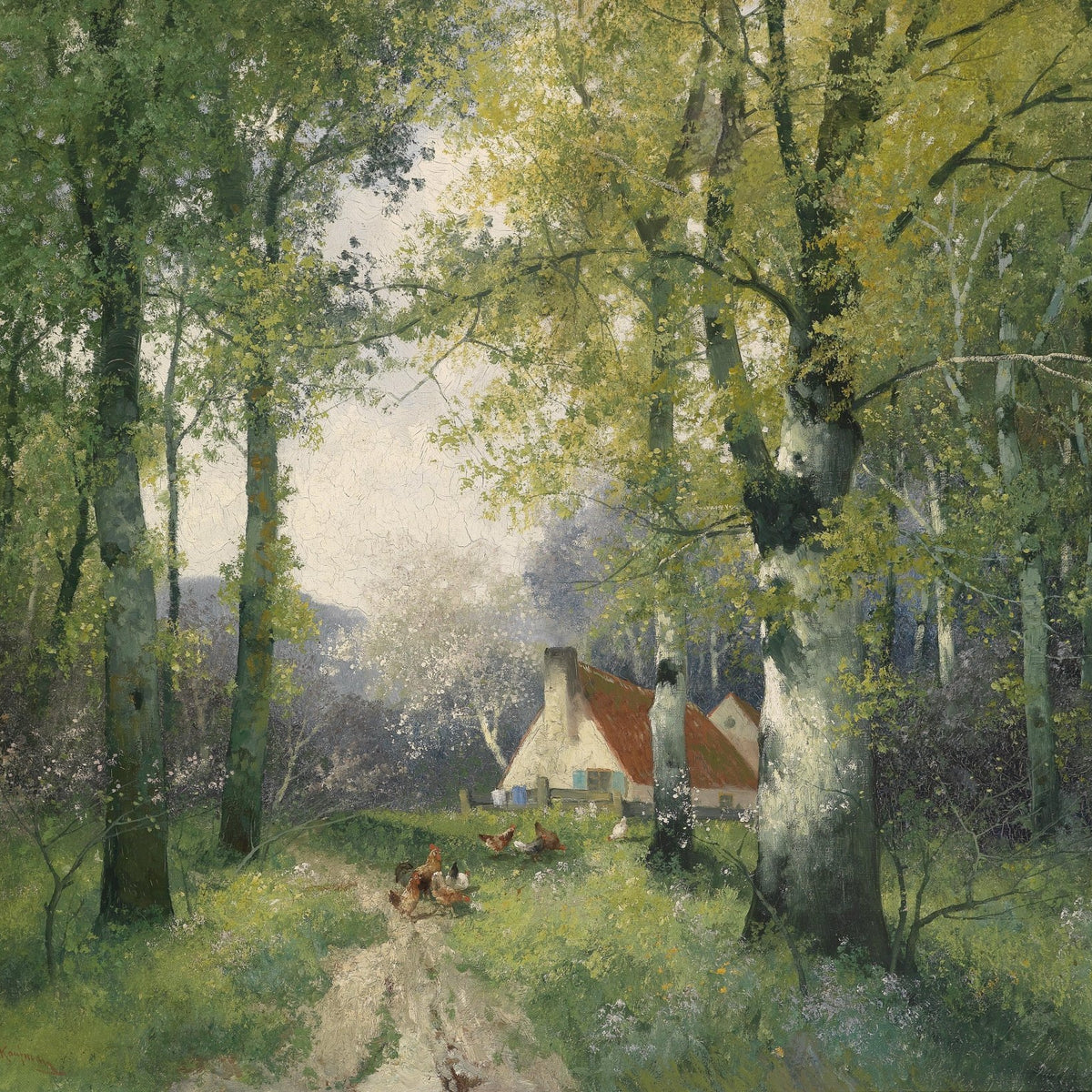 Landscape Oil Painting - Woodland Cottage, Chicken Flock, Dirt Path - Oil Painting Haven