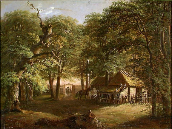 Hand-painted woodland cottage with horses and path landscape oil painting on canvas