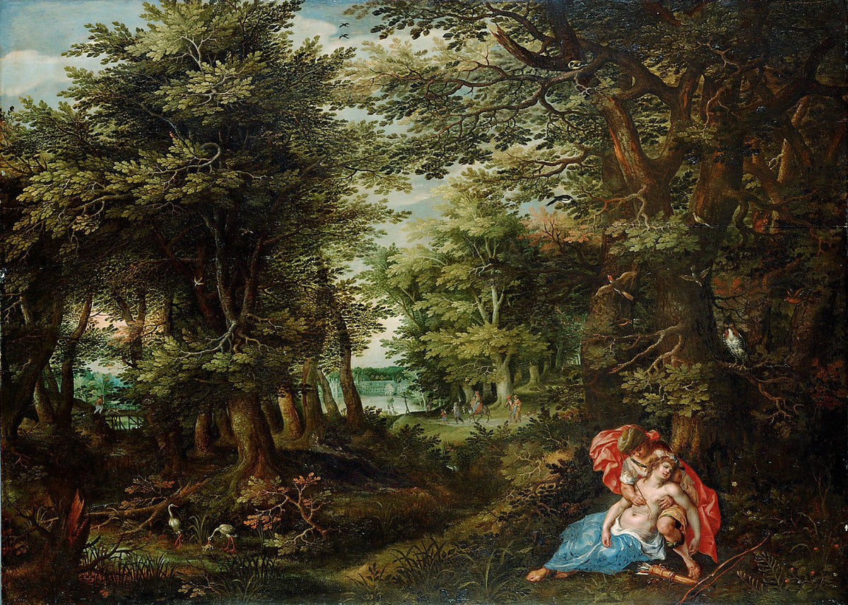 Hand-painted woodland glade with classical figures landscape oil painting on canvas