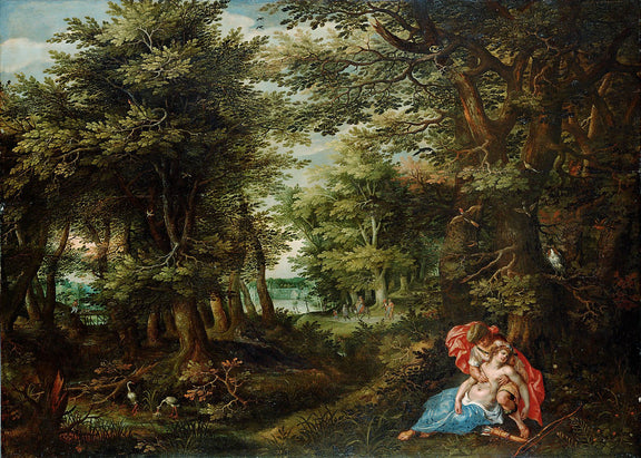 Hand-painted woodland glade with classical figures landscape oil painting on canvas