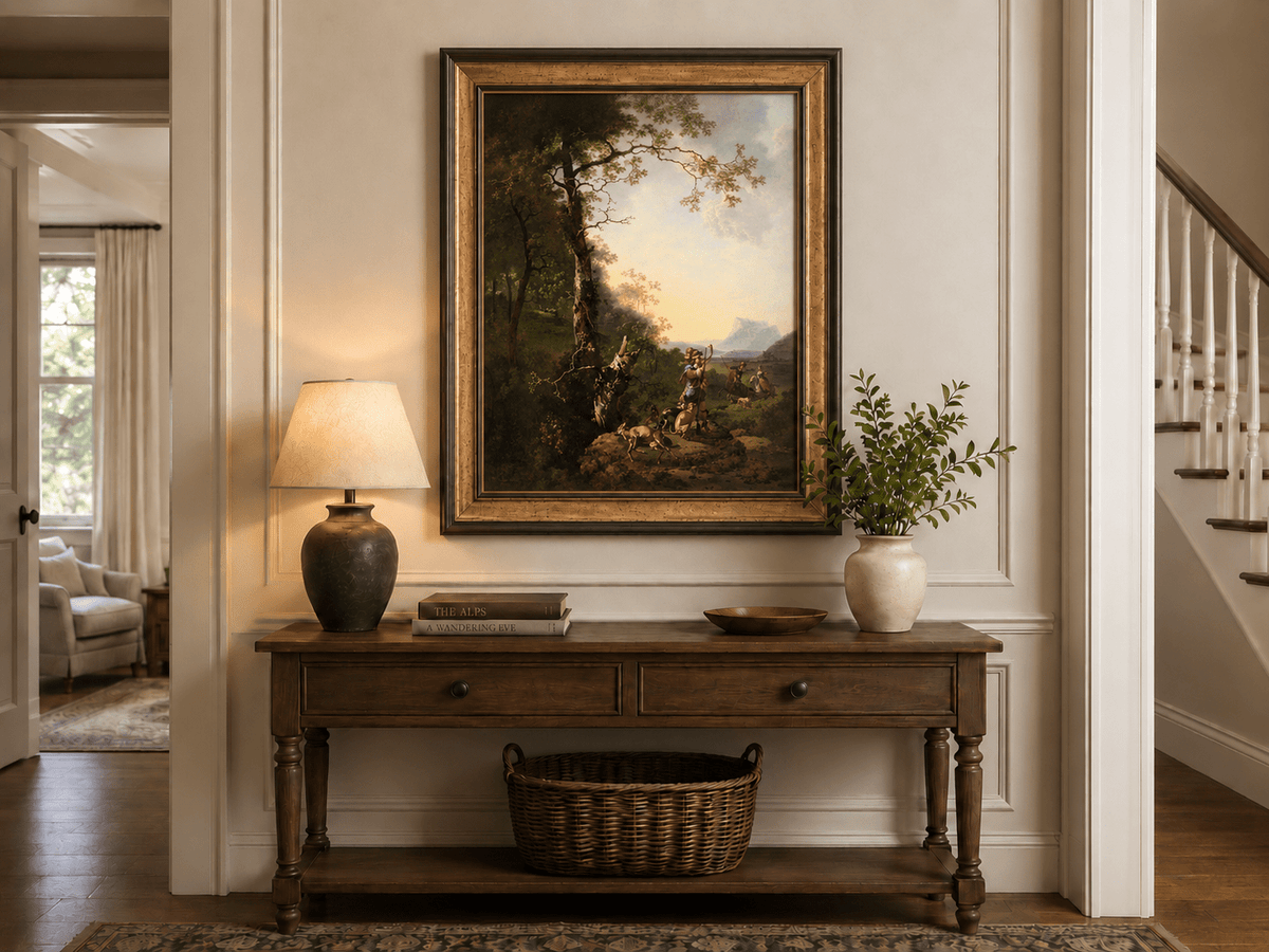 Peinture à l'huile de paysage - Rivière printanière avec pêcheur et arbres