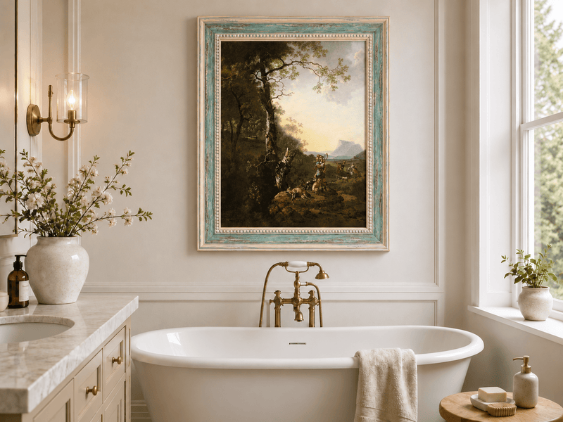 Peinture à l'huile de paysage - Rivière printanière avec pêcheur et arbres