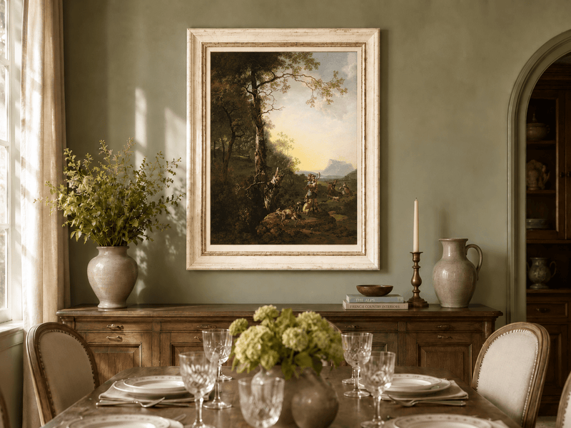 Peinture à l'huile de paysage - Rivière printanière avec pêcheur et arbres