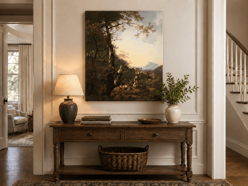 Peinture à l'huile de paysage - Rivière printanière avec pêcheur et arbres