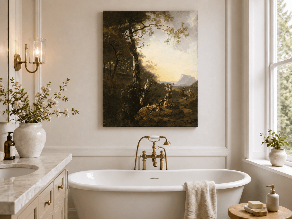 Peinture à l'huile de paysage - Rivière printanière avec pêcheur et arbres