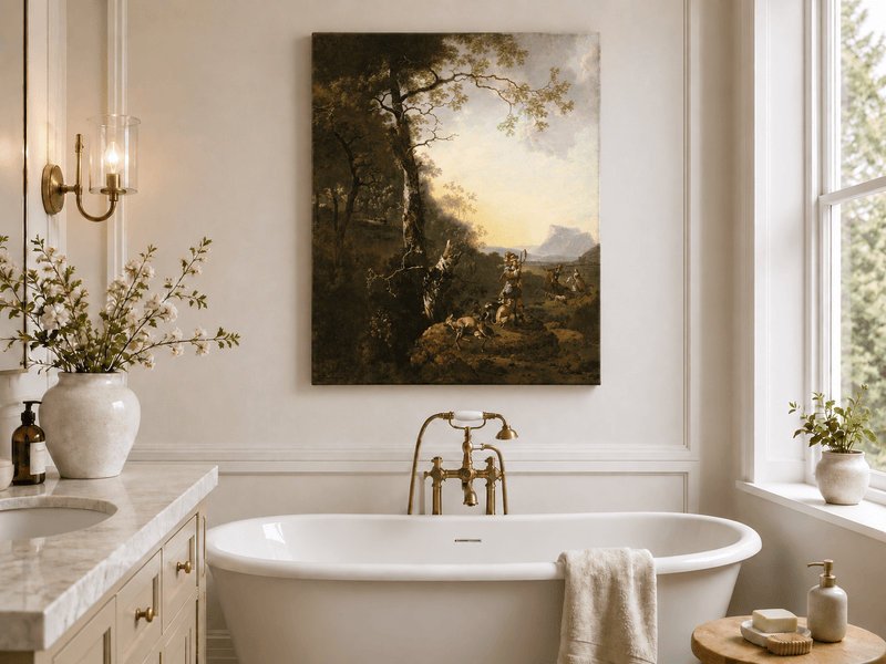 Peinture à l'huile de paysage - Rivière printanière avec pêcheur et arbres