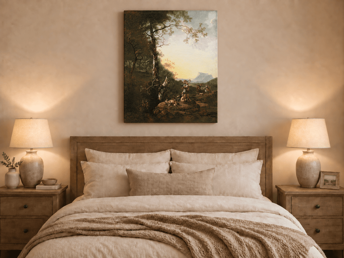 Peinture à l'huile de paysage - Rivière printanière avec pêcheur et arbres