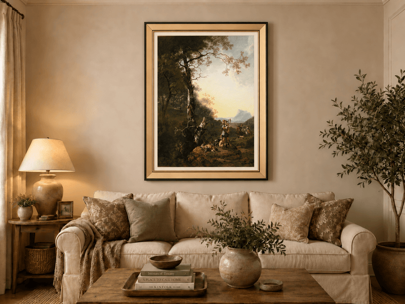 Peinture à l'huile de paysage - Rivière printanière avec pêcheur et arbres