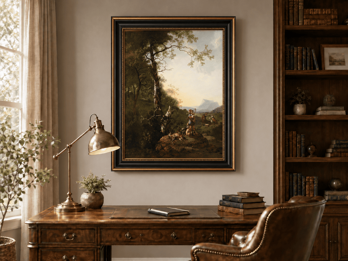 Peinture à l'huile de paysage - Rivière printanière avec pêcheur et arbres