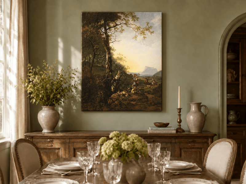 Peinture à l'huile de paysage - Rivière printanière avec pêcheur et arbres