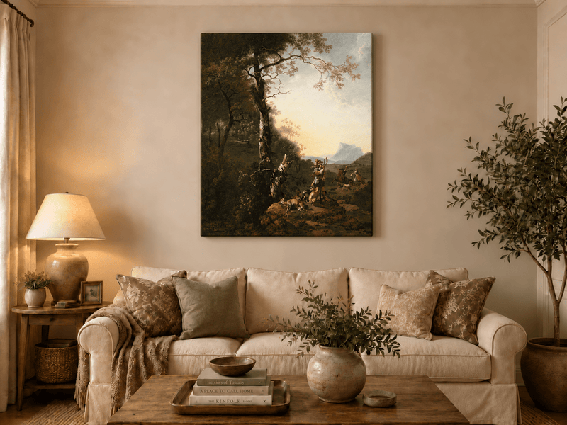 Peinture à l'huile de paysage - Rivière printanière avec pêcheur et arbres