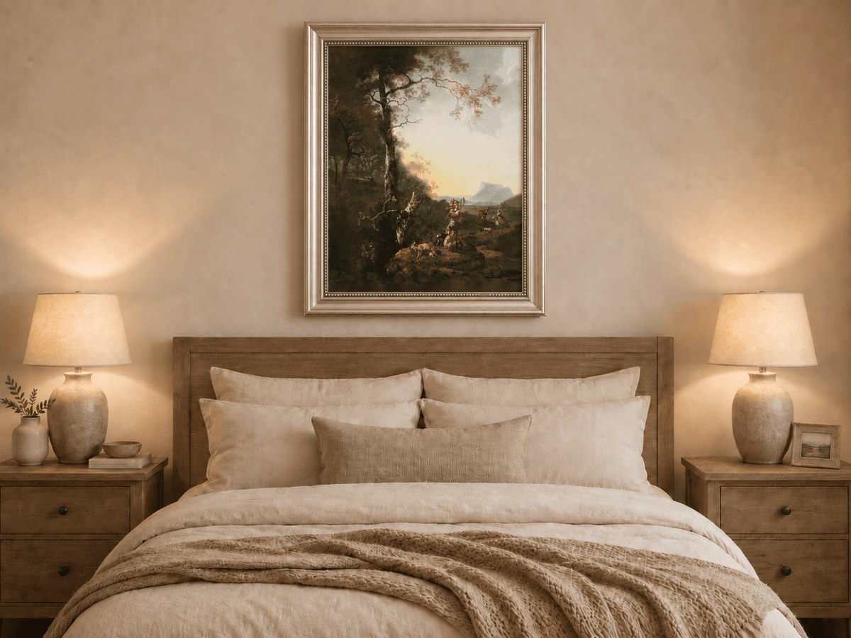 Peinture à l'huile de paysage - Rivière printanière avec pêcheur et arbres
