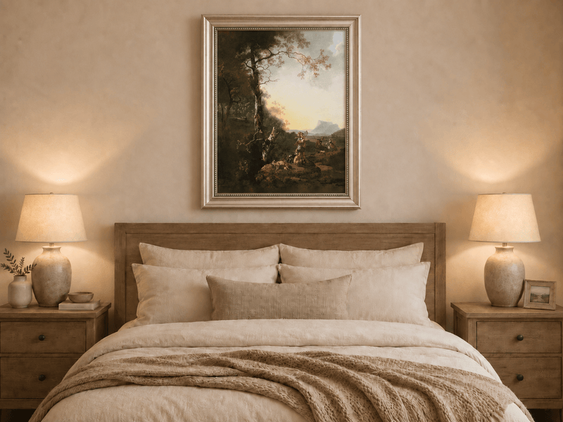 Peinture à l'huile de paysage - Rivière printanière avec pêcheur et arbres