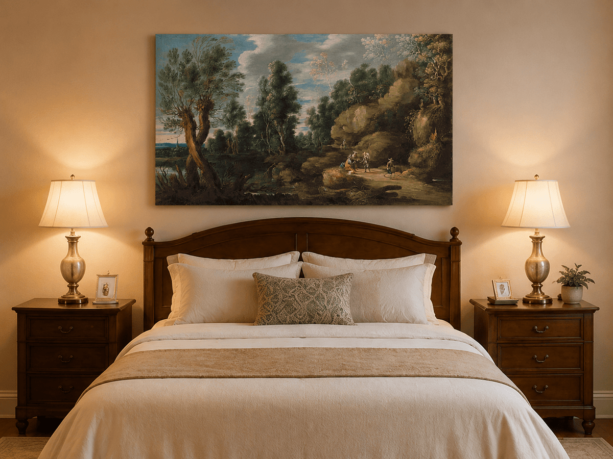 Landscape Oil Painting - Woodland Lake Path with Travelers