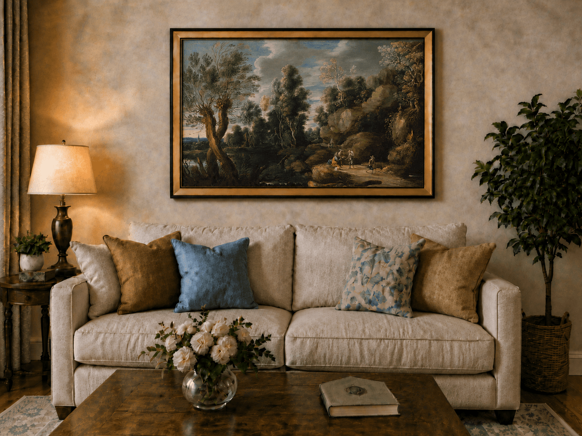 Landscape Oil Painting - Woodland Lake Path with Travelers