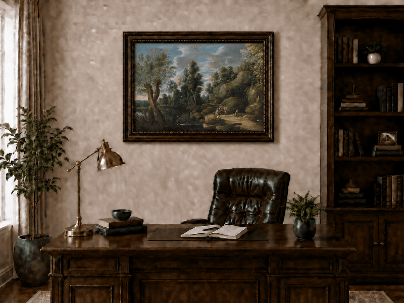 Landscape Oil Painting - Woodland Lake Path with Travelers
