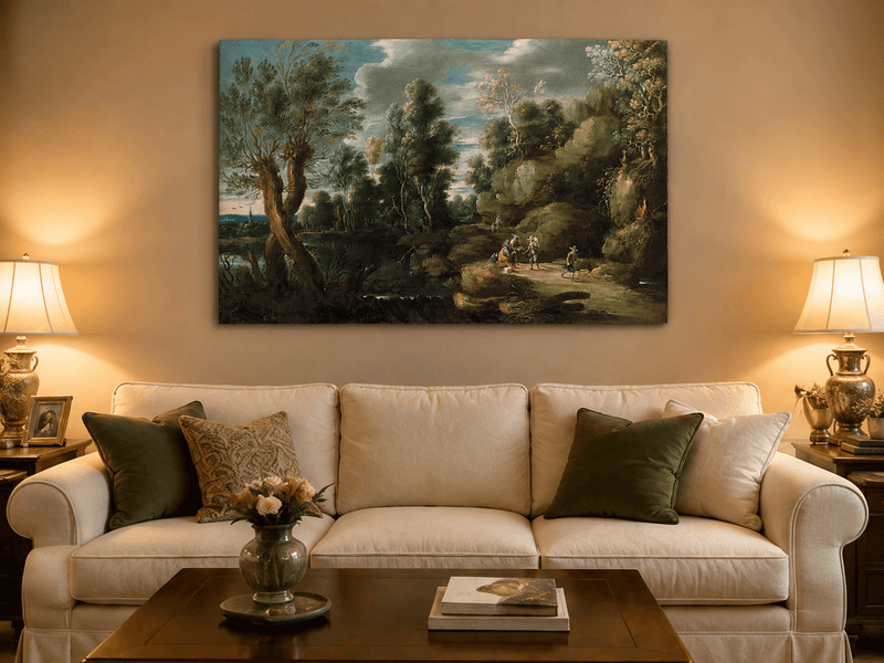 Landscape Oil Painting - Woodland Lake Path with Travelers