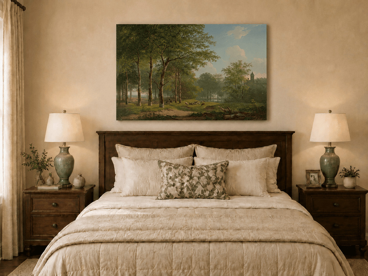 Landscape Oil Painting - Woodland Meadow, Sheep and Castle View