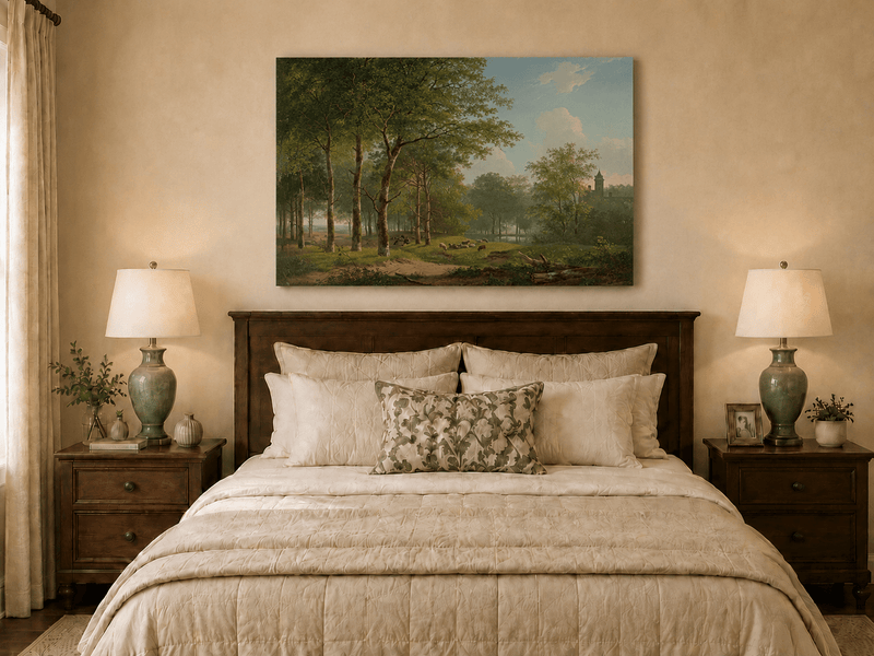 Landscape Oil Painting - Woodland Meadow, Sheep and Castle View