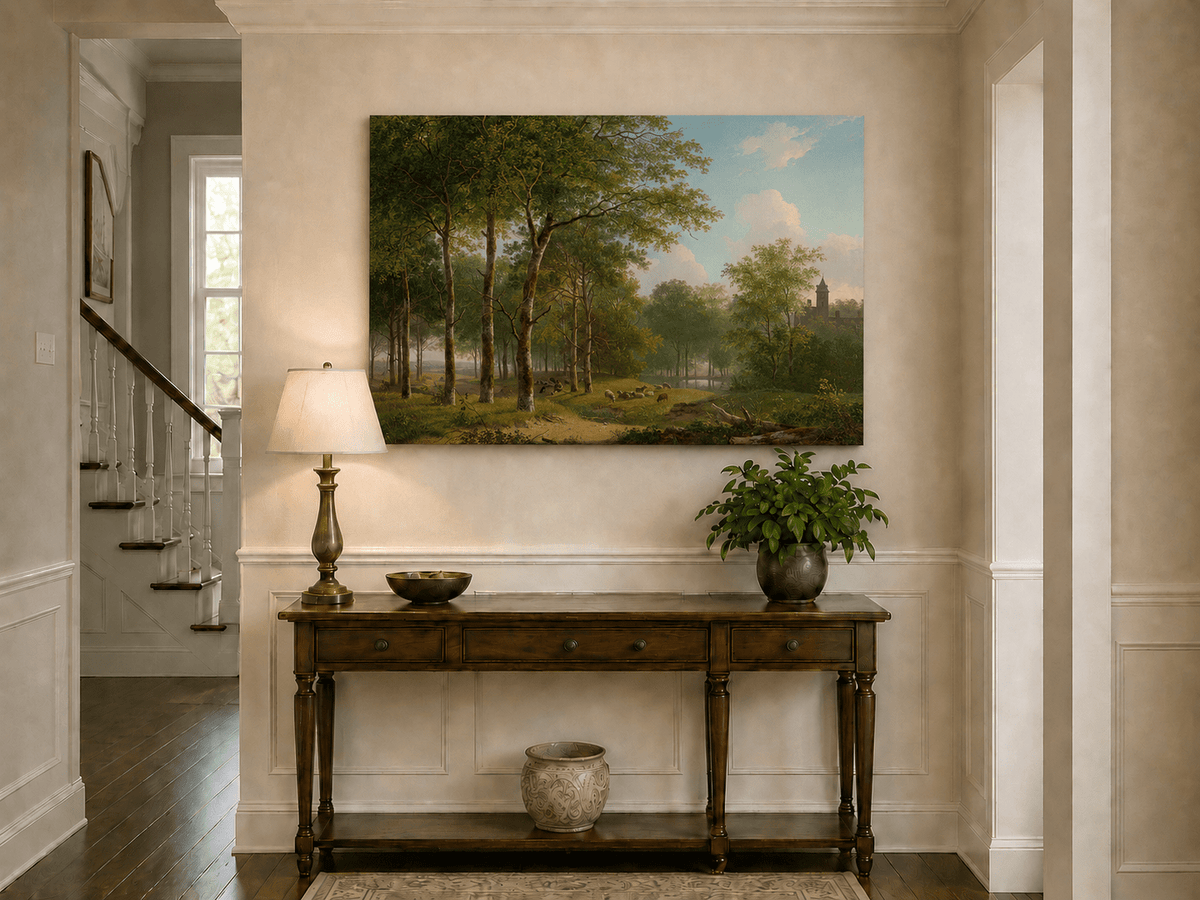 Landscape Oil Painting - Woodland Meadow, Sheep and Castle View