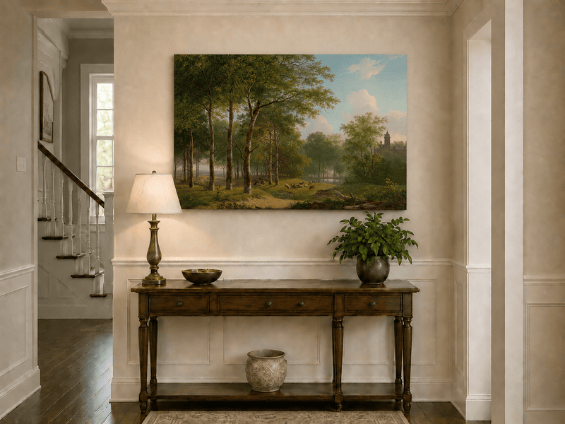 Landscape Oil Painting - Woodland Meadow, Sheep and Castle View