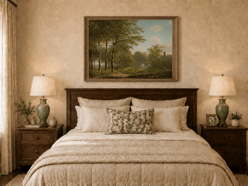 Landscape Oil Painting - Woodland Meadow, Sheep and Castle View