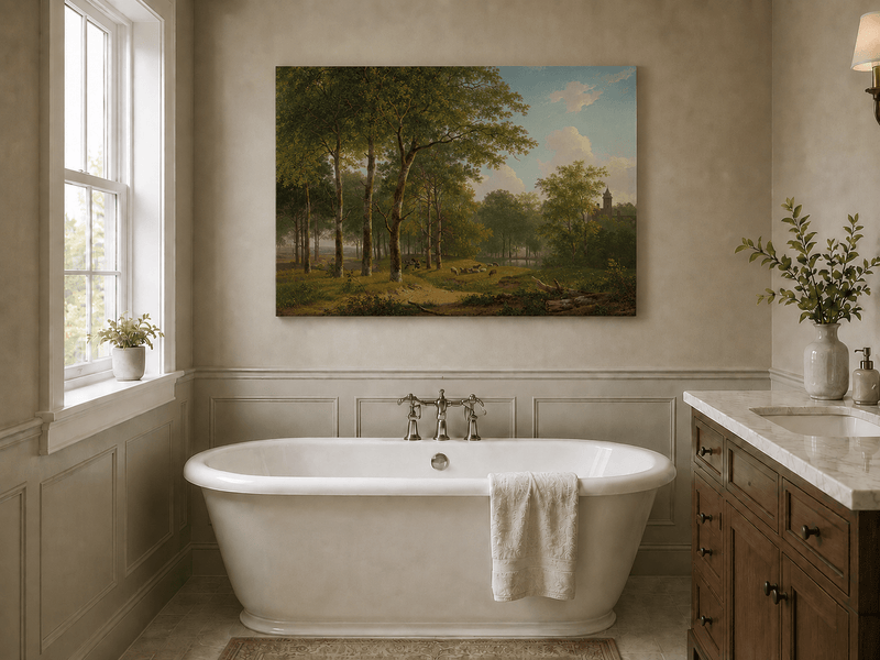 Landscape Oil Painting - Woodland Meadow, Sheep and Castle View