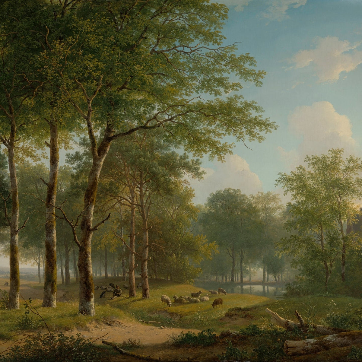Hand-painted woodland meadow, sheep and castle view landscape oil painting on canvas