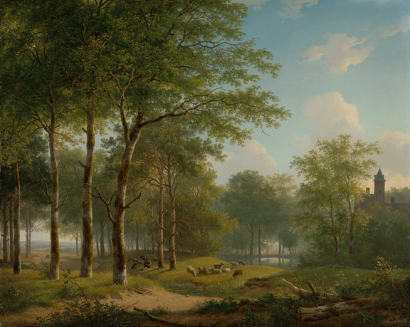 Hand-painted woodland meadow, sheep and castle view landscape oil painting on canvas